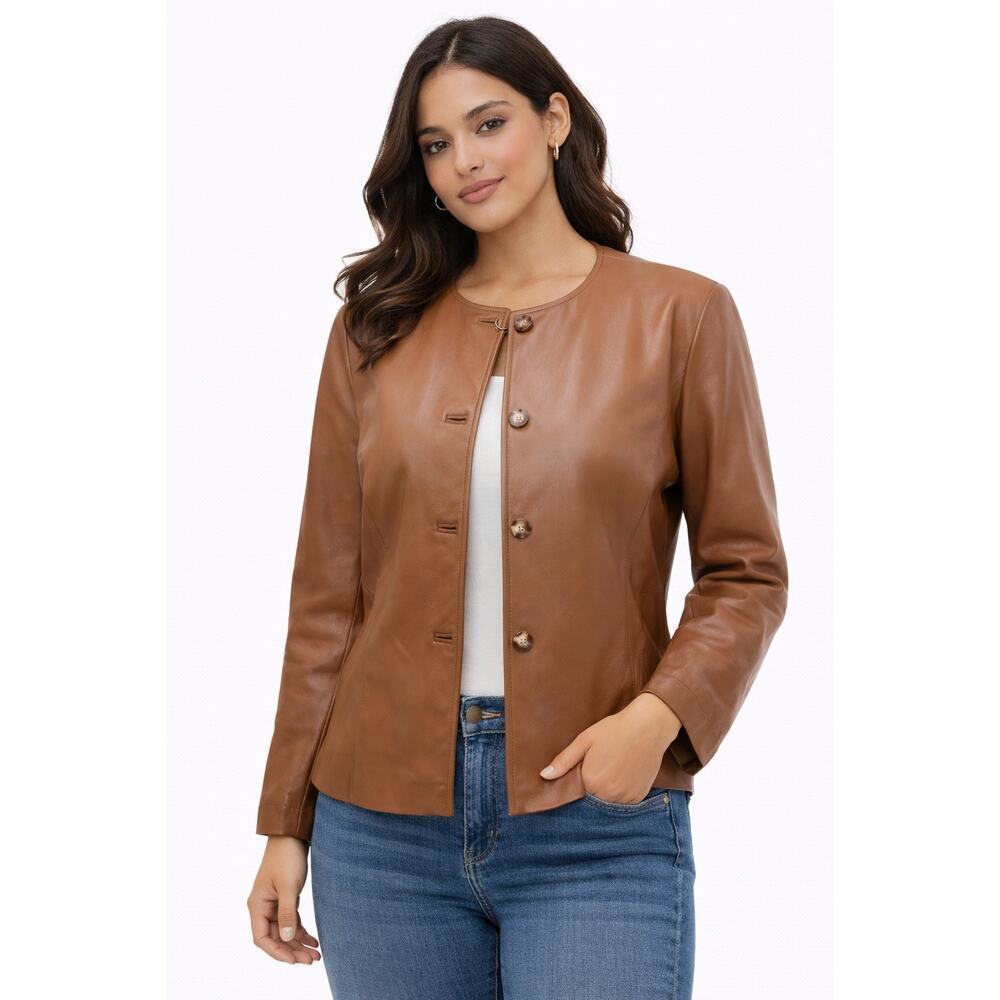 Talbots Petites Cognac Brown Leather Jacket Button Front Size 16P